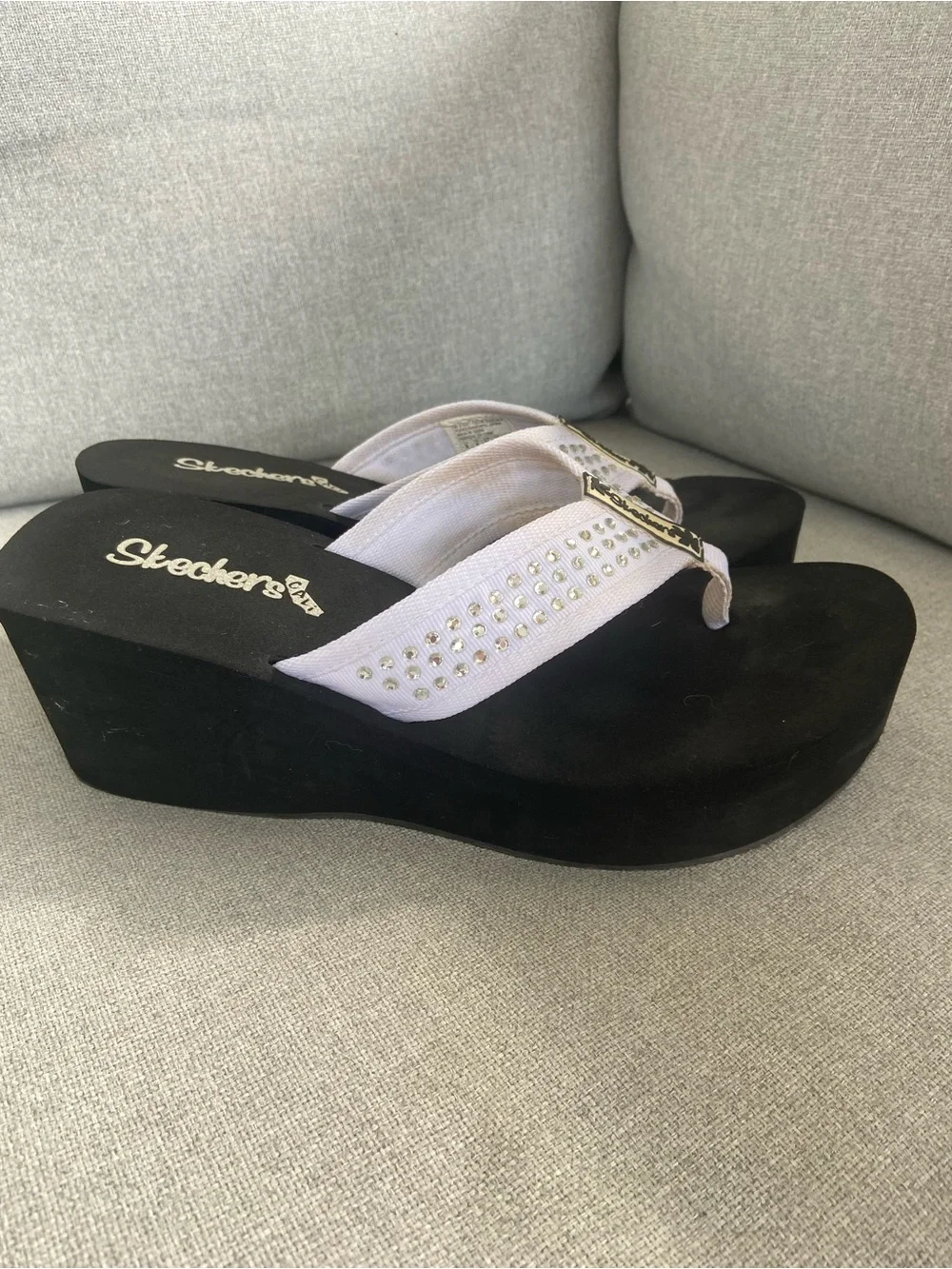Skechers Black Platform Wedge Thongs with White Studded Straps
